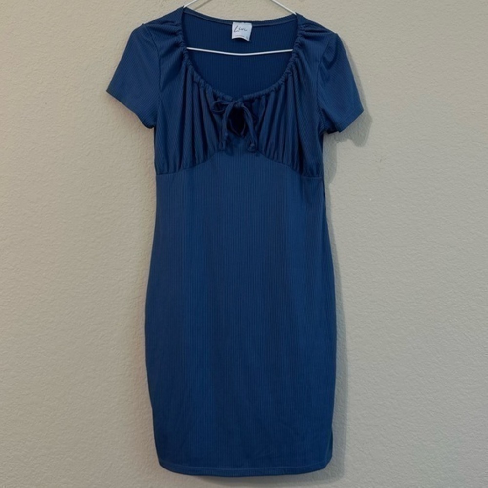 LIVI Blue Dress Short Sleeve Bodycon Drawstring Detail Neckline Summer